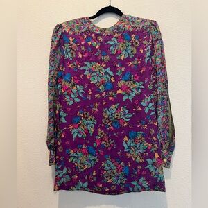 80s Helga Saks Fifth Silk Tunic Top Purple Floral Olive Green Sleeve Inset Sz 10